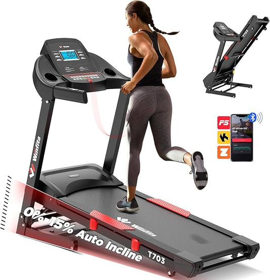 Treadmills for Home, Folding Treadmill with Auto Incline, 300 LBS Capacity, 8MPH or 10MPH Max Speed, Double Deck Shock-Absorbing Running Machine with Bluetooth, App, 64 Programs, Pulse Monitor