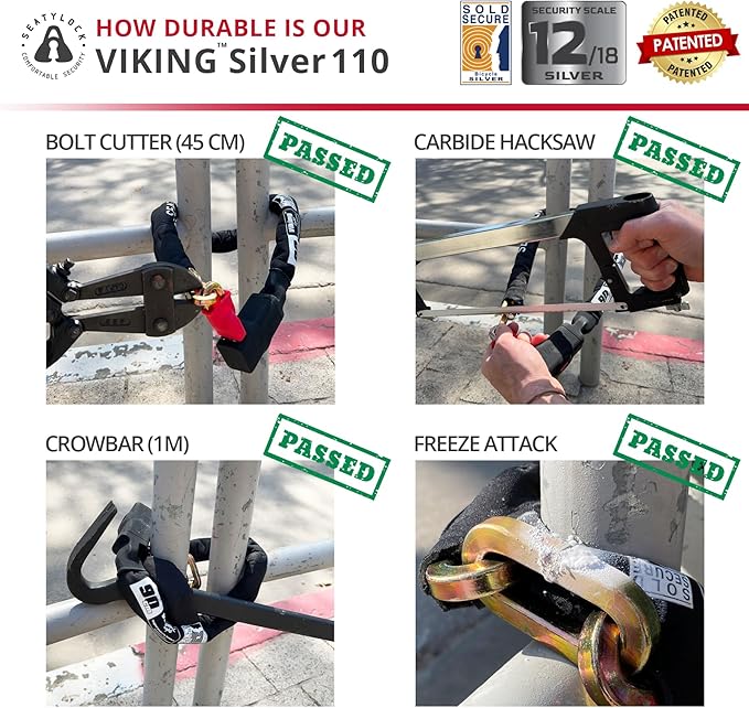 Seatylock Viking Bike Chain Lock with Key - Magnetic Patented Sold Secure Silver Rated - Heavy Duty Anti Theft - Smart Ultra Security Bicycle Lock (43.3 Inch)