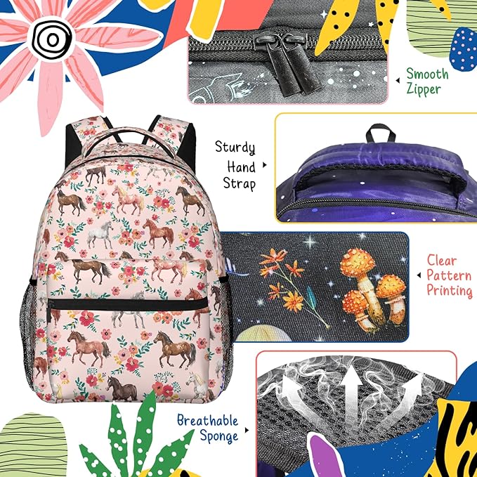 Horse Backpack for Boys Girls Bookbags Lightweight Adjustable Elementary Middle High School Bags for Kids Children Teenagers Travel Daypack Laptop Hiking Backpacks
