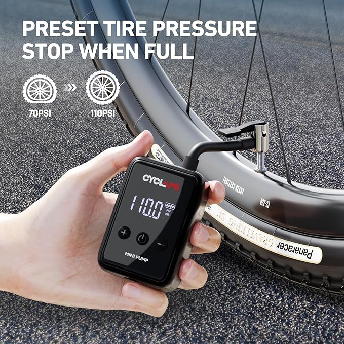 150 PSI Electric Bike Pump - Mini Portable Air Compressor with Digital Pressure Gauge, Auto-Off, Fast USB-C Charging for Presta/Schrader Valves - Cordless Bicycle Tire Inflator for Road/MTB