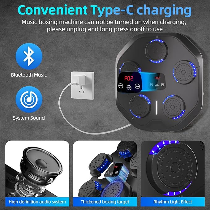 Music Boxing Machine with Boxing Gloves Bluetooth Wall Mounted Boxing Machine Training Punching Exercise Suitable for Adults Kids Home, Office and Indoor Use - Black