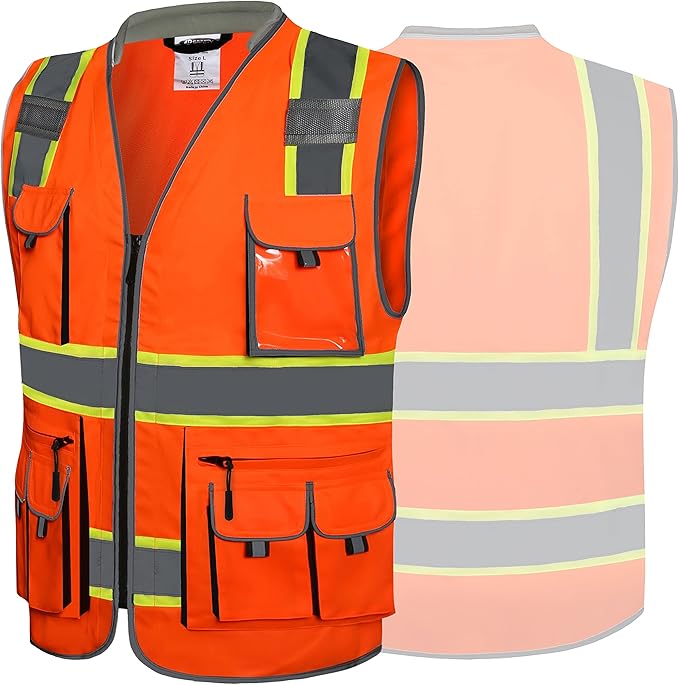 JKSafety 10 Pockets Class 2 Hi-Vis Zipper Front Safety Vest | Cushioned Collar | High Reflective Tapes with Extended Neon Yellow Strips | Meets ANSI/ISEA Standards (3X-Large, 89-Orange)