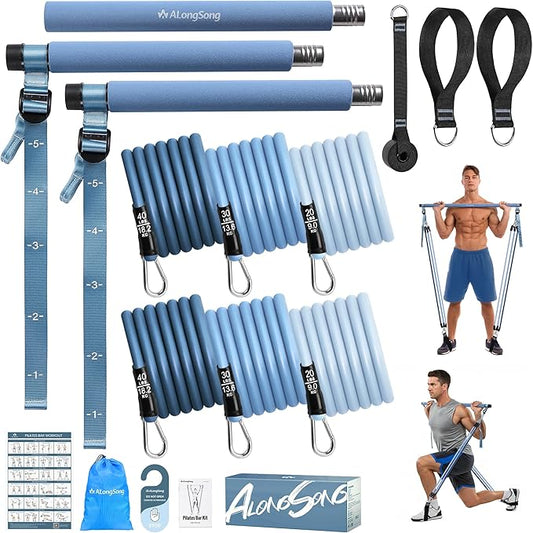 Upgraded Pilates Bar Kit with Resistance Bands Natural Latex for Women & Men, Heavy-Duty Stainless Steel Multifunctional Yoga Pilates Stick for Home Gym Exercise Fitness Equipment Full-Body Workouts