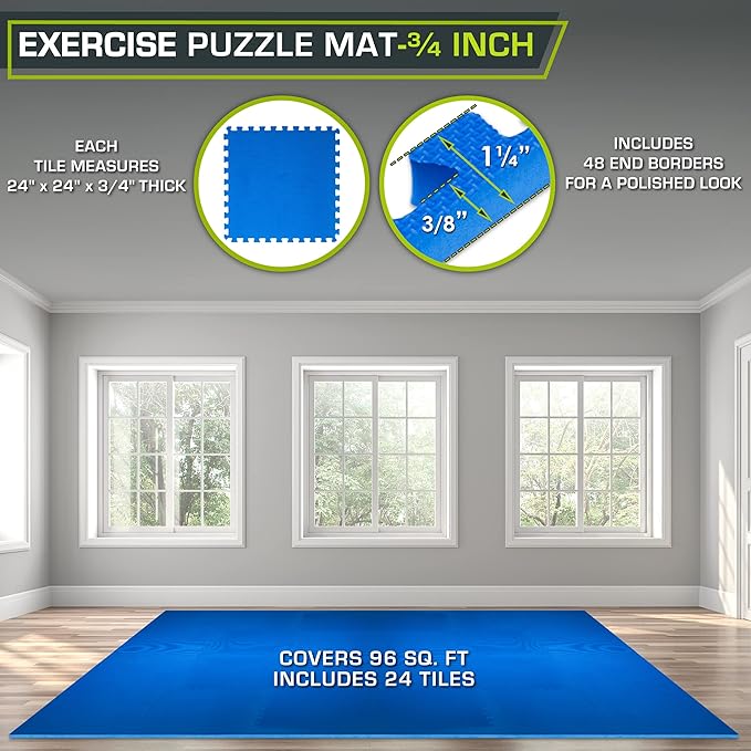 ProsourceFit Extra Thick Puzzle Exercise Mat 3/4", EVA Foam Interlocking Tiles for Protective, Cushioned Workout Flooring for Home and Gym Equipment, Blue 4-Pack, 3/4" Thick 96 Square Feet