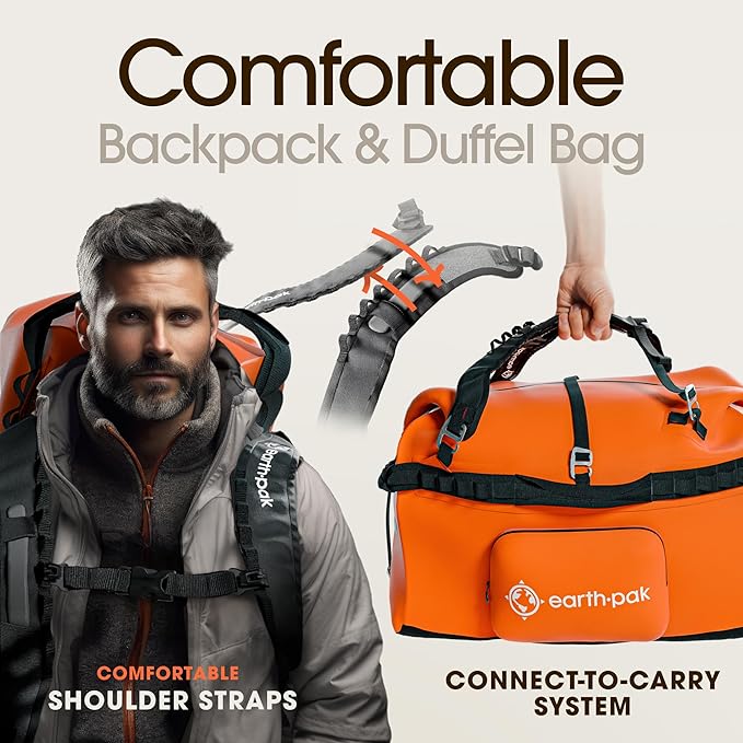 Earth Pak Waterproof Duffel Bag - Large Dry Bag, 1680D TPU, Heavy Duty, Camping & Marine Dry Bag, 8x8 Popout Pocket