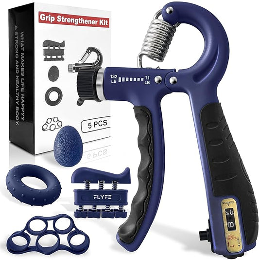FLYFE Grip Strength Trainer Kit (5 Pack), Forearm Strengthener, Hand Squeezer Adjustable Resistance, Finger Stretcher, Grip Ring, Relief Ball and Finger Exerciser for Men and Women, Injury Recovery