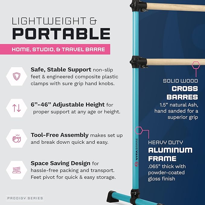 VITA Barre Portable Freestanding Double Ballet Barre, Prodigy, with Carry Bag | Adjustable Height, USA Made, Home or Gym Exercise Equipment for Kids & Adults | Dance, Fitness, Pilates