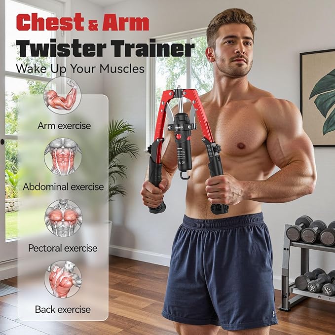 FLYBIRD Chest & Arm Twister Trainer, Hydraulic Power Chest Press Machine 22-440lbs for Upper Body Strength Training, 2-in-1 Chest Trainer with Ab Roller Wheel (Backpack & Pad Included)