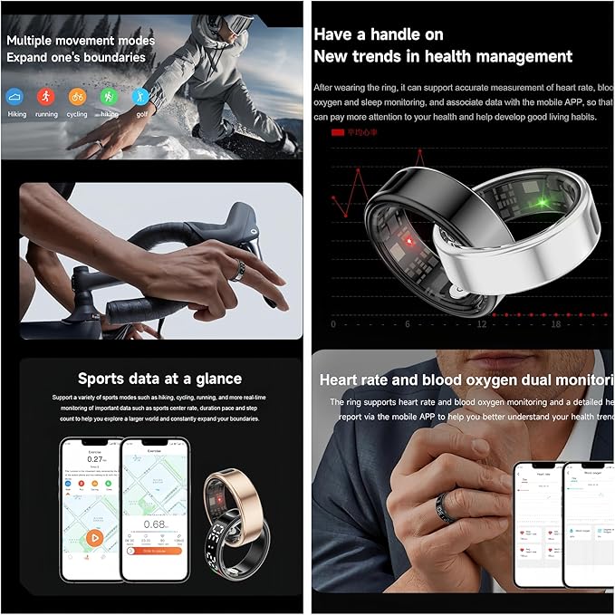 Smart Ring Health Fitness Tracker, Touch Screen Smart Ring for Men and Women, Sleeping Steps Heart Rate Blood Oxygen Monitor, Remote Photography LED Display Ring Waterproof Fitness Ring (Silver, 10)