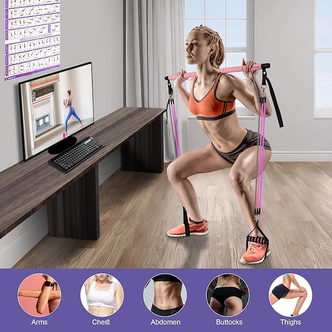 Portable Pilates Bar Kit with Resistance Bands for Men and Women - 3 Set Exercise Resistance Bands - Multifunctional Home Gym - Supports Full-Body Workouts – with Fitness Poster and Video