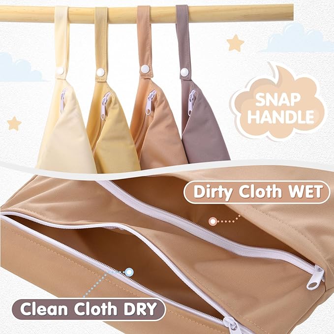 SATINIOR 4 Pack Wet Dry Bags for Baby Cloth Diapers Washable Travel Swimsuit Wet Bags Reusable with Two Zippered Pockets for Yoga Gym Swimsuits Travel Beach Pool Soiled Items(Maillard Color)