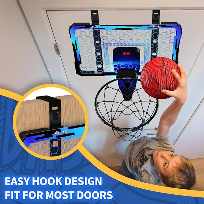 QDRAGON Indoor Basketball Hoop for Kids, Over The Door Mini Basketball Hoops with 7 LED Lighting, Basketball Toys Gifts for 5 6 7 8 9 10 11 12 Year Old Boys Girls Teens, Blue