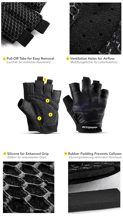 Fitgriff® Workout Gloves (Padded) for Men & Women - Fingerless Gym Gloves for Weight Lifting, Training - Full Palm Protection, Size : 8