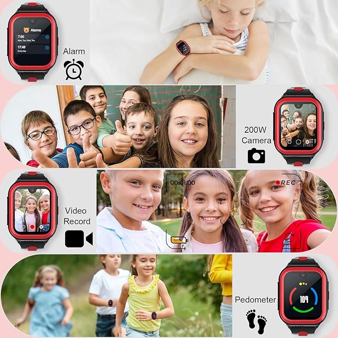Wonlex 4G GPS Smartwatch for Kids, 1.78" AMOLED Touchscreen Phone Watch with SIM Card, Video Calls, Voice Chat, SOS, Camera, Music, Pedometer, Game, Birthday Gift for Girls Boys Ages 8-15(Red)