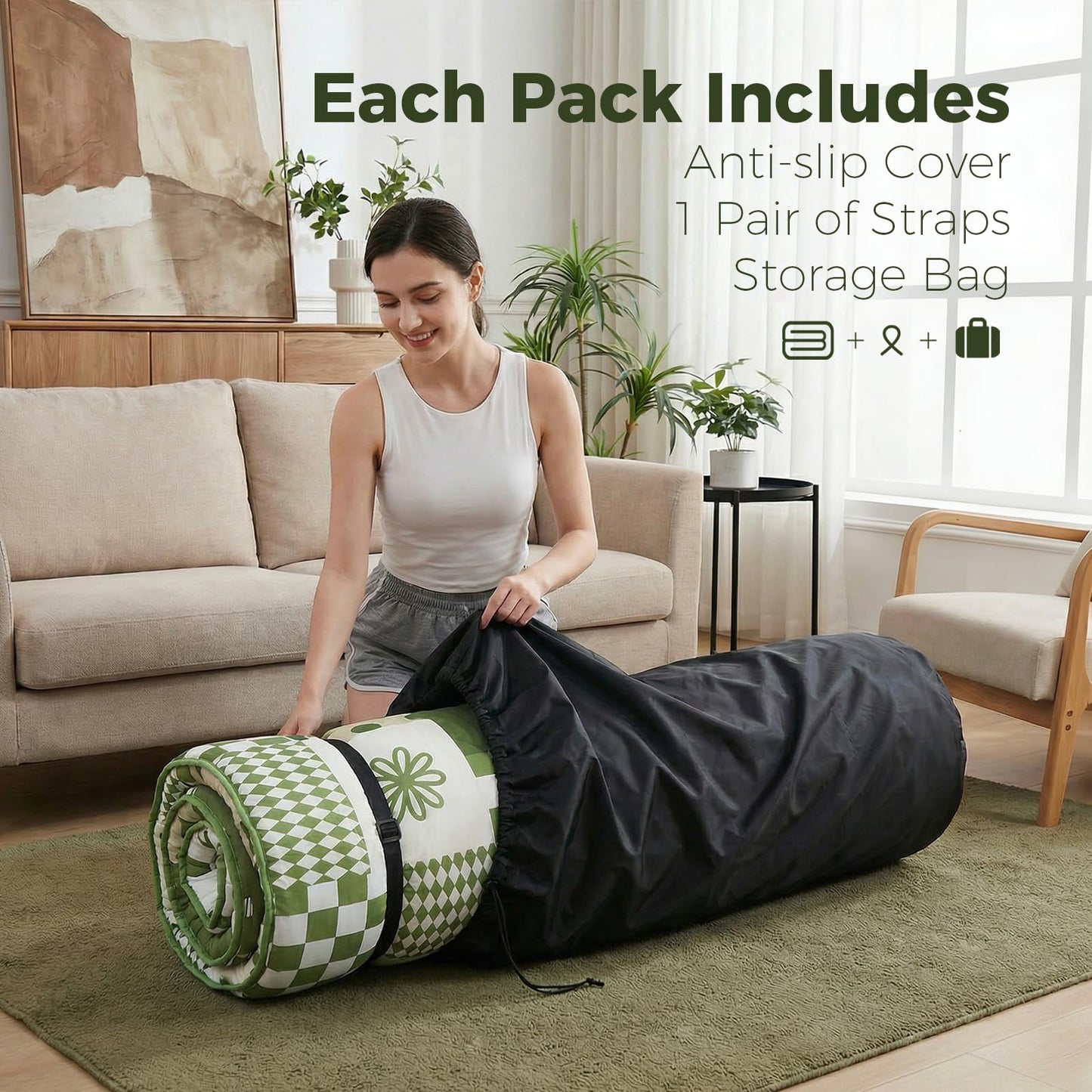 XICIKIN 2.5" Japanese Floor Mattress, Foldable Floor Mattress with Washable Cover Japanese Futon for Camping, Guest (Green Checkerboard, Full)