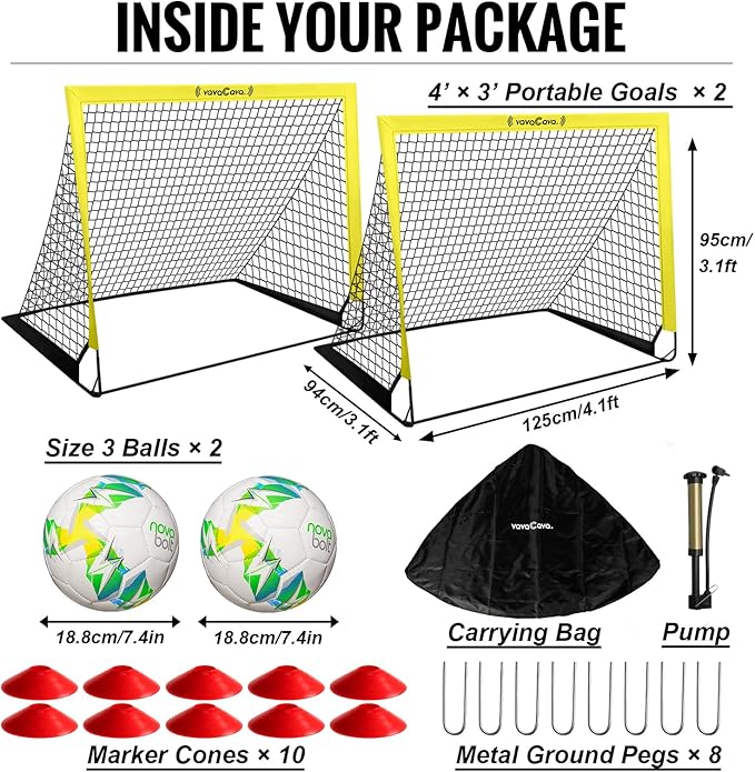 VavaCava 4'x3' Size Portable Soccer Goals Set for Backyard Fun, 2 Nets, 2 Size 3 Balls, 10 Marker Cones, Pump and Carry Bag, Outdoor Games for Backyard, Beach, Lawn, Kids Soccer Training Equipment