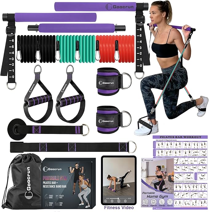 Portable Pilates Bar Kit with Resistance Bands for Men and Women - 3 Set Exercise Resistance Bands - Multifunctional Home Gym - Supports Full-Body Workouts – with Fitness Poster and Video