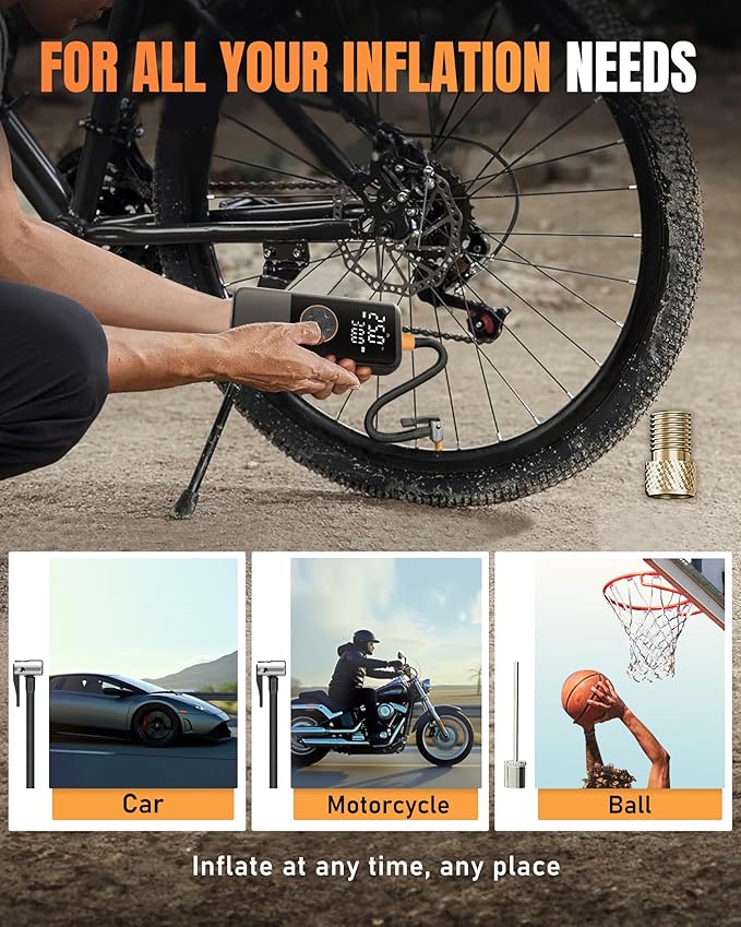Tire Inflator Portable Air Compressor, 150PSI Air Compressor for Car Tires, Cordless Bike Pump with Pressure Gauge & LED Light, Tire Pump for Cars, Motorcycles, Bikes, Balls