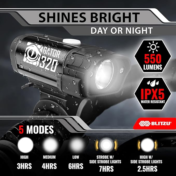 BLITZU Bike Lights, Super Bright Bicycle USB-C Rechargeable Headlight, Taillight & Bell Set, Waterproof Safety Front & Rear Back light for Night Riding, Easy to Install for Men Women Kids Road Cycling