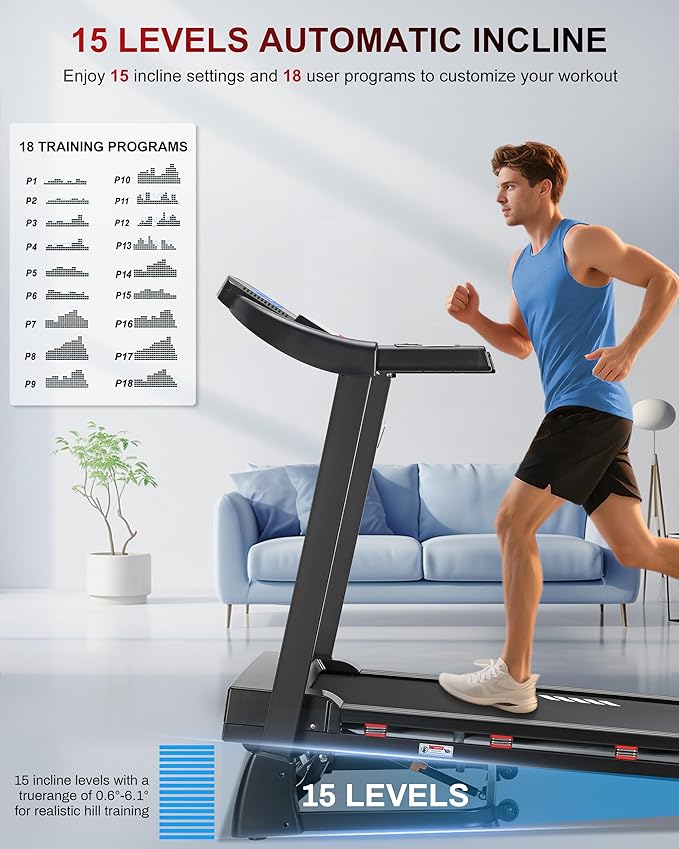 ECHANFIT Treadmill with 15% Auto Incline, Folding Treadmill for Home, 0.6-10 MPH, 350 LB Capacity, 18.11" Wide Running Belt, 3.5 HP, Shock Absorption, Bluetooth Speaker & App