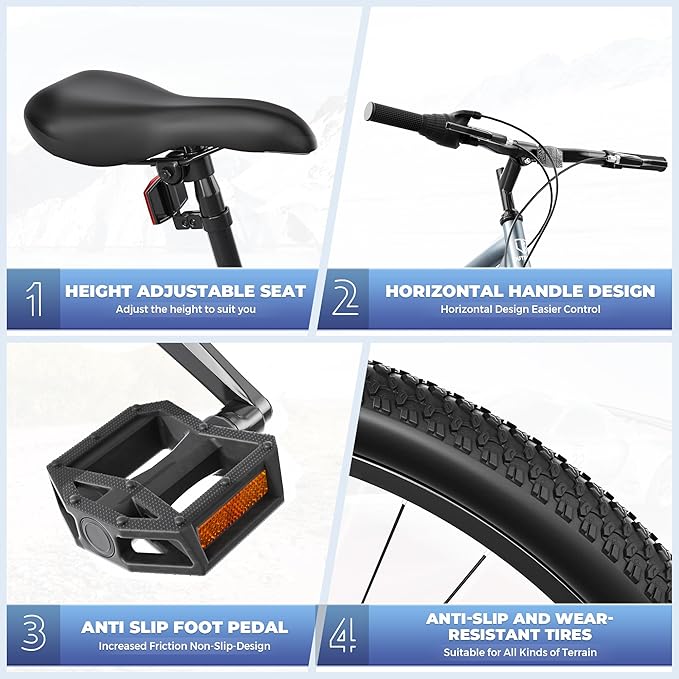26 inch Mountain Bike with 7/21 Speeds Lightweight Cycling Bicycles, Dual Disc/V Brake,Metal Frame Bicycle for Men and Women, Adult Racing Bike, Road Bike(Blue/Grey/Black)
