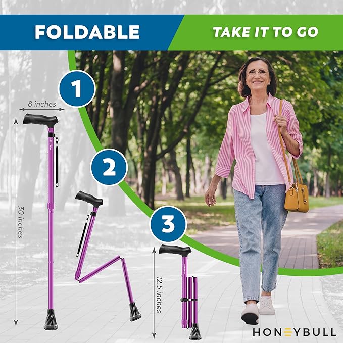 HONEYBULL Foldable Walking Cane for Seniors & Adults – Adjustable 8 Height Settings 30-37", Lightweight Collapsible Cane with Air Cushion Tip, Ergonomic Comfort Grip & Wrist Strap