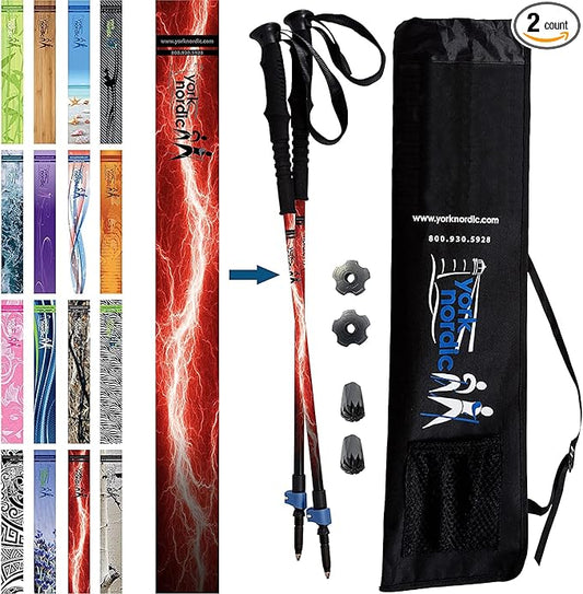 York Nordic Hiking & Walking Poles - Cushion Foam Grips w/Nordic Strap - Lightweight, Adjustable, and Great for Balance -2 Pieces w/Flip Locks, and Travel Bag - Heights 5'4"-6'2"