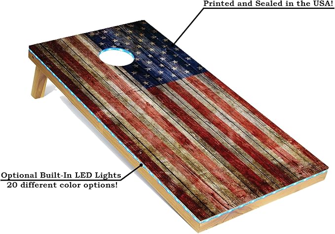 Tailgating Pros American Themed Lightweight Corn Hole Board Set w/Multicolored Built-in LED Lights, Bean Bags and Carrying Case - 4'x2' Cornhole Toss