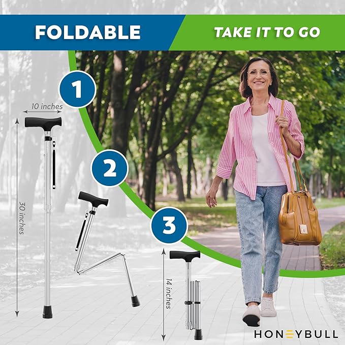 HONEYBULL Foldable Walking Cane for Seniors & Adults – Adjustable 8 Height Settings 30-37", Lightweight Collapsible Cane with Air Cushion Tip, Ergonomic Comfort Grip & Wrist Strap