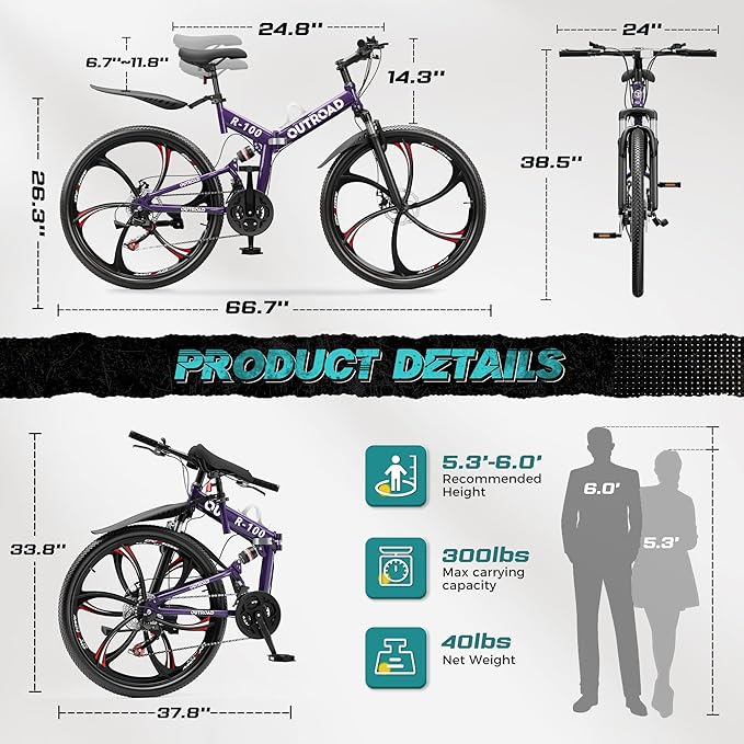 Betterland 26 Inch Folding Mountain Bike, 21 Speeds Full Suspension Foldable Bikes, Dual Disc Brake, High Carbon Steel Frame and Non-Slip Quick Release tire Bicycle for Adult