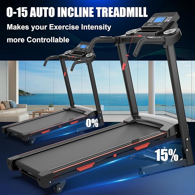 15% Auto Incline Treadmills 400LBS Capacity, 3.5 HP Heavy Duty Treadmill for Home, Walking Folding Treadmill, Running FoldableTreadmill Wide Belt, 0.5-8.5MPH, Bluetooth, APP