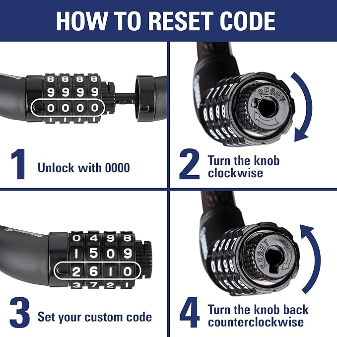 BRINKS 6 ft Outdoor Heavy Duty Bike Lock Cable, Thick, Anti Theft Self-Coiling Design, Resettable 4-Dial Combination, 5/8" Weather-Resistant Vinyl Coating for Bikes