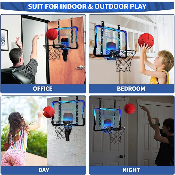 QDRAGON Indoor Basketball Hoop for Kids, Over The Door Mini Basketball Hoops with 7 LED Lighting, Basketball Toys Gifts for 5 6 7 8 9 10 11 12 Year Old Boys Girls Teens, Blue