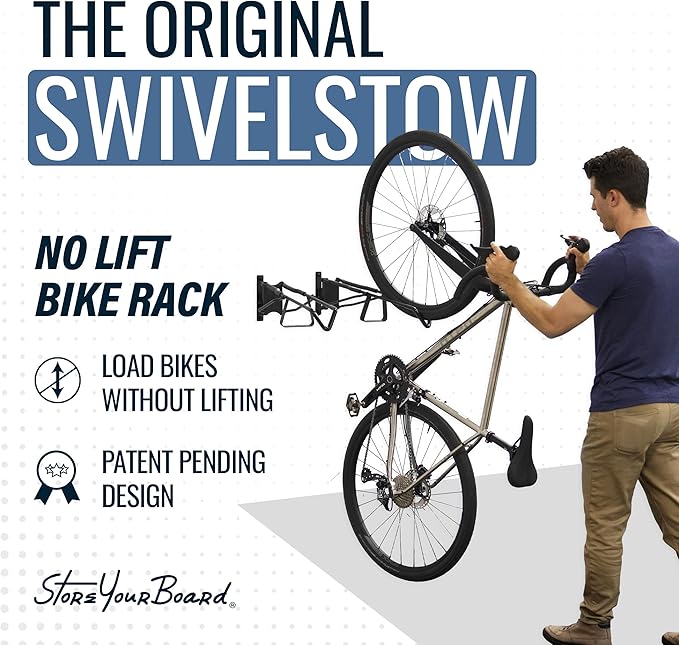 StoreYourBoard SwivelStow Road & Gravel Bike Storage Rack 4 Pack – Heavy Duty Bike Hanger, No-Lift Bike Wall Mount for Garage Bike Storage, Holds 70 lbs, Patent-Pending