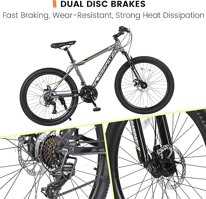 Ecarpat 24/26/27.5 Inch Mountain Bike, Dual/Front Suspension Mens Mountain Bike with 21 Speeds High-Carbon Steel Frame and Disc/V Brakes, Adult Sport Bicycle for Trail Snow Commuter City Road