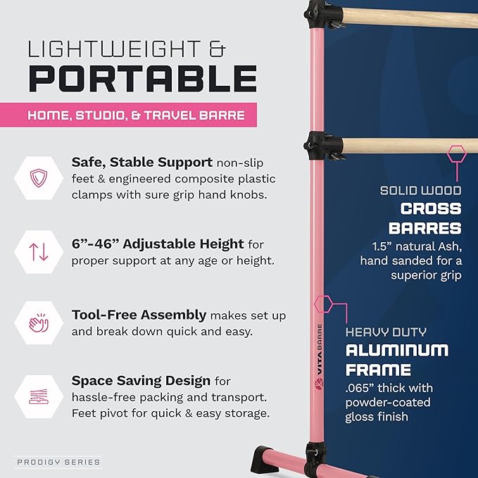 VITA Barre Portable Freestanding Double Ballet Barre, Prodigy, with Carry Bag | Adjustable Height, USA Made, Home or Gym Exercise Equipment for Kids & Adults | Dance, Fitness, Pilates