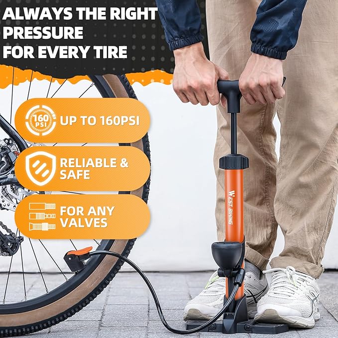 Bike Floor Pump, Bikes Pump with Gauge,Bicycle Air Pump with High Pressure 160 Psi, BikeTire Pump with Presta Schrader Valves，Portable Hand Pump Bike, Fits Road Bikes MTB E-Bike, Ball