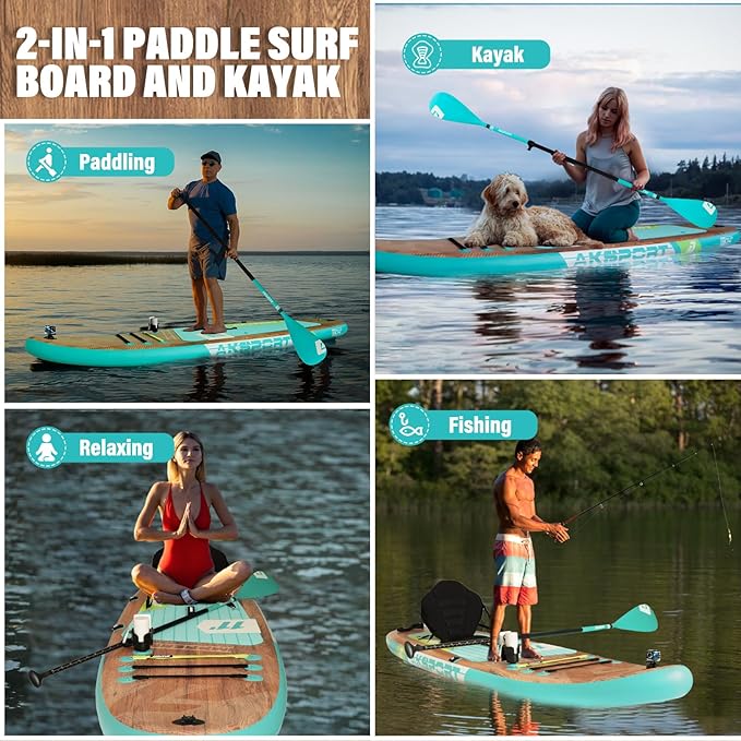 AKSPORT Inflatable Stand Up Paddle Board, SUP Board with All Accessories, Wide Stable Design, Non-Slip Deck, Inflatable Paddle Boards for Youth & Adult
