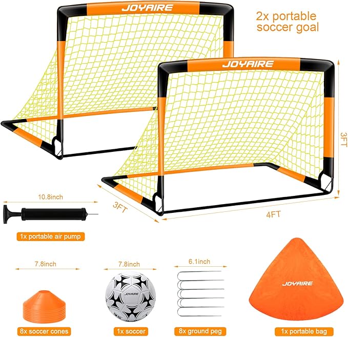 Kids Soccer Goals for Backyard Set, Portable Toddler Soccer Goal 2 of 6x4 ft, 4x3 ft, 7x5 ft, Soccer Training Equipment, Pop Up Soccer Net Kit with Size 4 Soccer Ball, Outdoor Sports Play, Youth Game