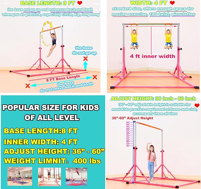 MARFULA Gymnastic Bar for Kid and Teenage Ages 3-25, 5 FT / 8 FT Base Length, 4 FT Width 5 FT Height, Gymnastic Kip Bar Horizontal Bar for Gymnast, Gymnastic Training Equipment for Home and Club Use