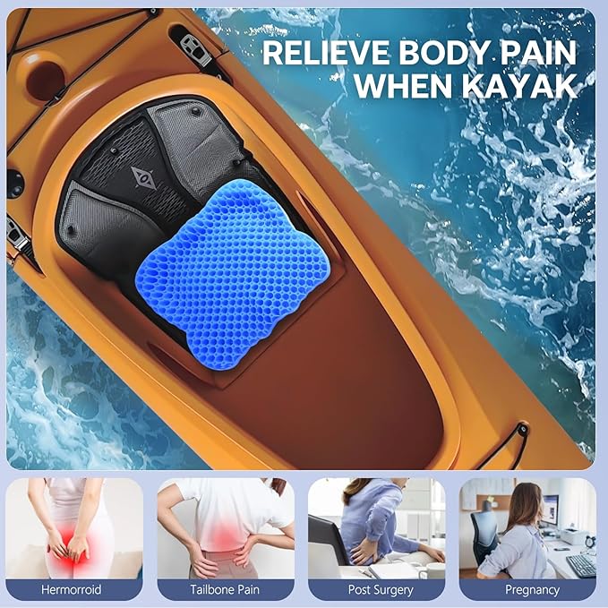 Extra Thicker Kayak Seat Cushion, Waterproof Kayak Gel Seat Cushion for Long Sitting Coccyx Sciatica Pain Relief Boat Cushion Kayak Accessories Pad for Fishing Canoe Rowing Stadium