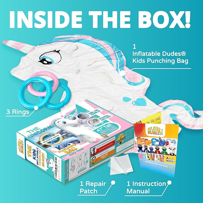 INFLATABLE DUDES Unicorn Toy 47 Inches- Kids Punching Bag| Already Filled with Sand | Bop Bag | Unicorn Ring Toss with 3 Inflatable Rings| | Unicorn Party Decorations| Punching Bag for Kids (Unique)