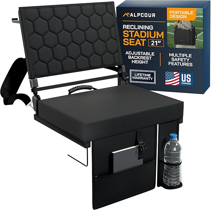 Extra Wide Folding Reclining Stadium Seat with Back Suppot for Bleachers, Bleacher Hooks, Thick Cushion, Cup Holder, Storage Pockets – Portable Chair for Kayak, Canoe, Paddle Board, Concerts, & Sports