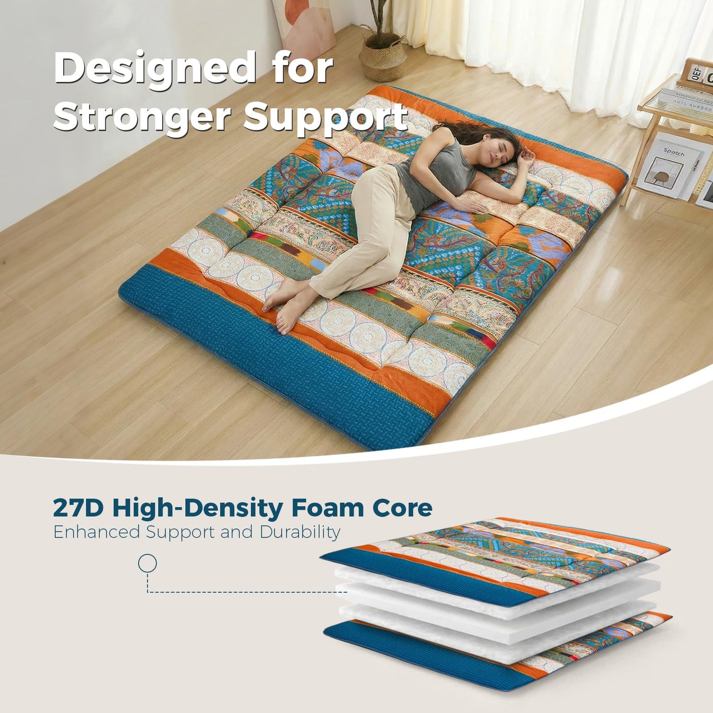 XICIKIN 2.5" Japanese Floor Mattress, Foldable Floor Mattress with Washable Cover Japanese Futon for Camping, Guest (Bohemian, Full)