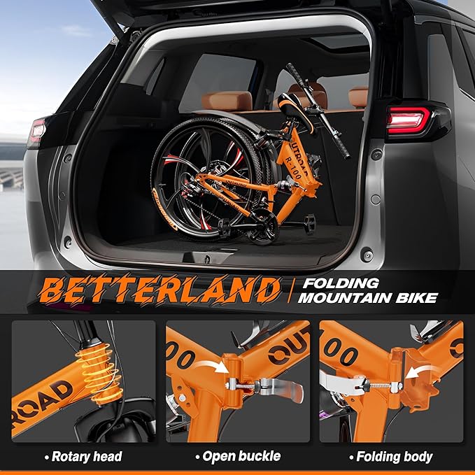 Betterland 26 Inch Folding Mountain Bike, 21 Speeds Full Suspension Foldable Bikes, Dual Disc Brake, High Carbon Steel Frame and Non-Slip Quick Release tire Bicycle for Adult