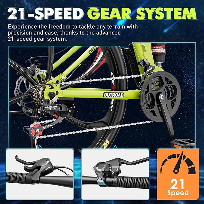 26 inch Folding Mountain Bike, Carbon Steel Frame and 21 Speed, Double Disc Brake and Dual Suspension Folding Bike for Adults/Men/Women, Easy Assembly Bicycle(Black/Green/Orange)