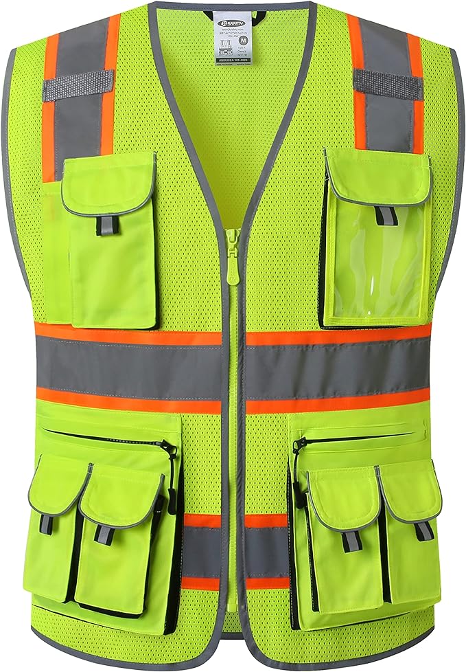 JKSafety 10 Pockets Hi-Vis Neon Color Frontal Zipper Mesh Safety Vest for Men Women Safety Utility for works Comply to ANSI/ISEA Class 2 (86-Yellow M)