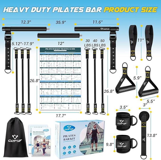 Pilates Bar Kit with Resistance Bands, Multifunctional Yoga Pilates Bar with Heavy-Duty Metal Adjustment Buckle, Portable Home Gym Pilates Resistance Bar Kit for Women Full Body Workouts