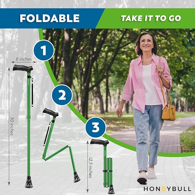 HONEYBULL Foldable Walking Cane for Seniors & Adults – Adjustable 8 Height Settings 30-37", Lightweight Collapsible Cane with Air Cushion Tip, Ergonomic Comfort Grip & Wrist Strap