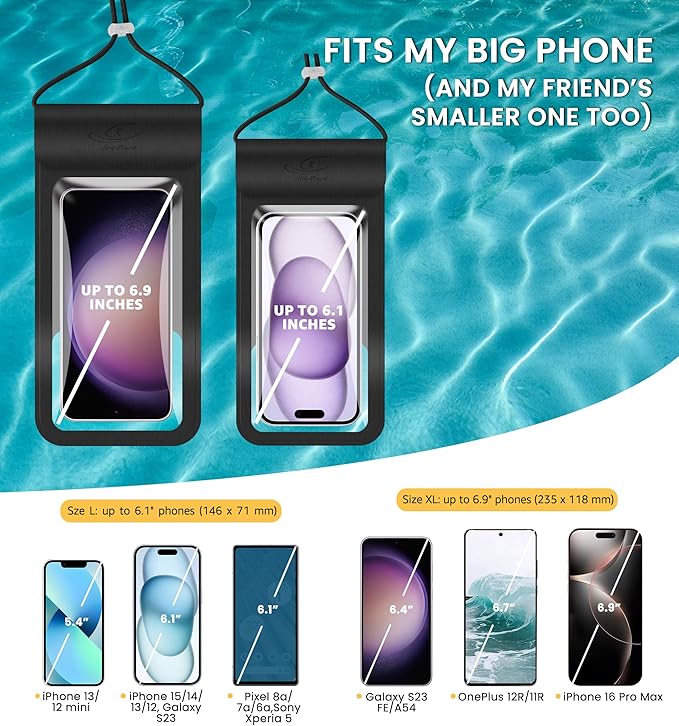 HiRui Universal Waterproof Phone Pouch with Touch Screen, IP68 Waterproof Phone Case Dry Bag for Beach, Compatible with iPhone 16/Pro/Plus/Max/15/14, Galaxy S24+/25+, Fits up to 6.9" (Black, X-Large)